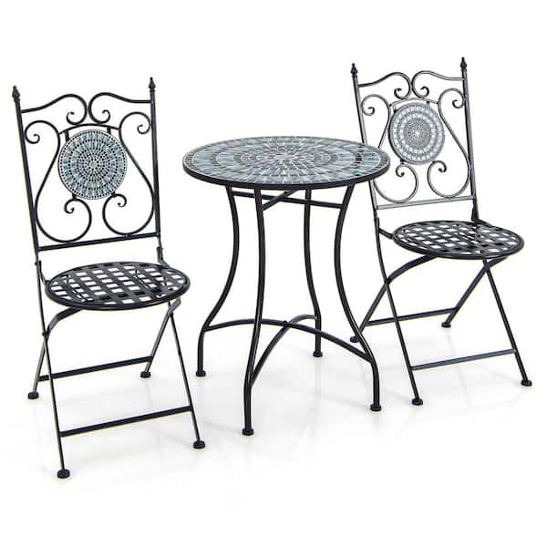 Costway 3-Pieces Outdoor Bistro Set Mosaic Pattern Heavy-Duty Metal Patio Dining Folding Outdoor