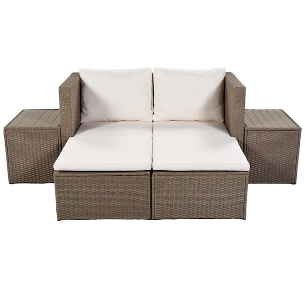 Willit 6-Piece Wicker Outdoor Sectional Set with Beige Cushions, 2 Tea Tables