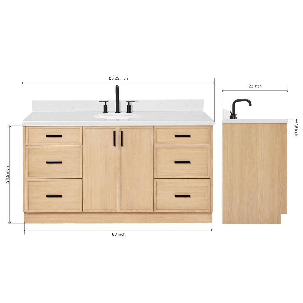Kelly 66" Light Oak Single Vanity with Carrara Quartz Top