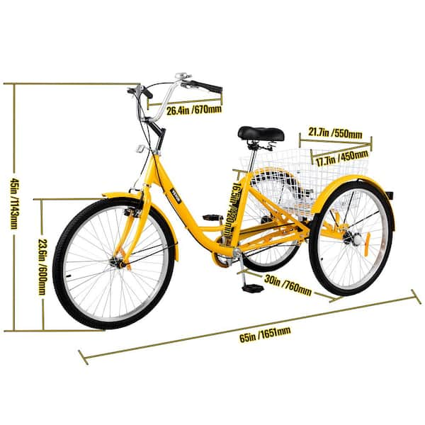 VEVOR Adult Tricycle 20 inch, 7-Speed Three Wheel Bikes, Yellow Tricycle  with Bell Brake System, Bicycles with Cargo Basket for Shopping 