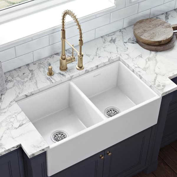 Fiamma 33 in. Apron-Front Reversible Farmhouse Double Bowl White Fireclay Kitchen Sink