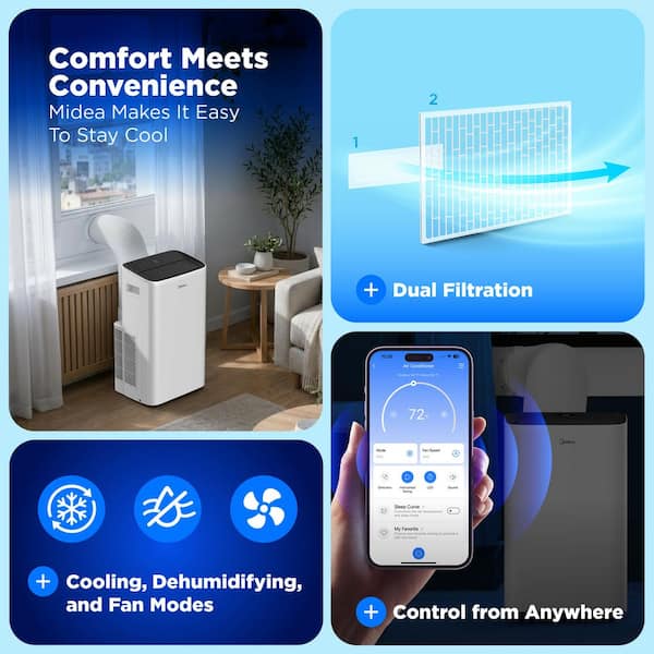 8,000 BTU Smart Portable Air Conditioner for Rooms up to 350 Sq. Ft. with Remote, 3 Speeds, Dual Filter, Wi-Fi in White