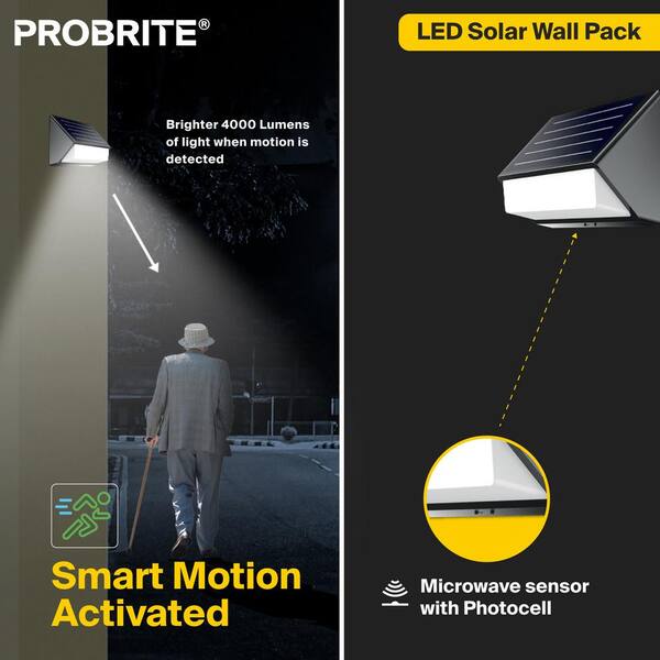 PROBRITE SPRW45-H-MS-5K-BK 200-Watt Equivalent Integrated LED Black Outdoor Motion Sensing Solar Powered Dusk to Dawn Wall Pack Light, 5000K