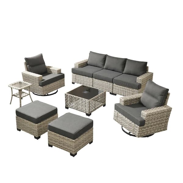 Merritt 9-Piece Wicker Outdoor Furniture Patio Conversation Sofa Set with Swivel Chairs, Tables and Black Cushions