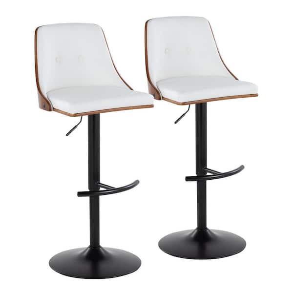 Lumisource Gianna 32.75 in. White Faux Leather, Walnut Wood and Black Metal Adjustable Bar Stool (Set of 2)
