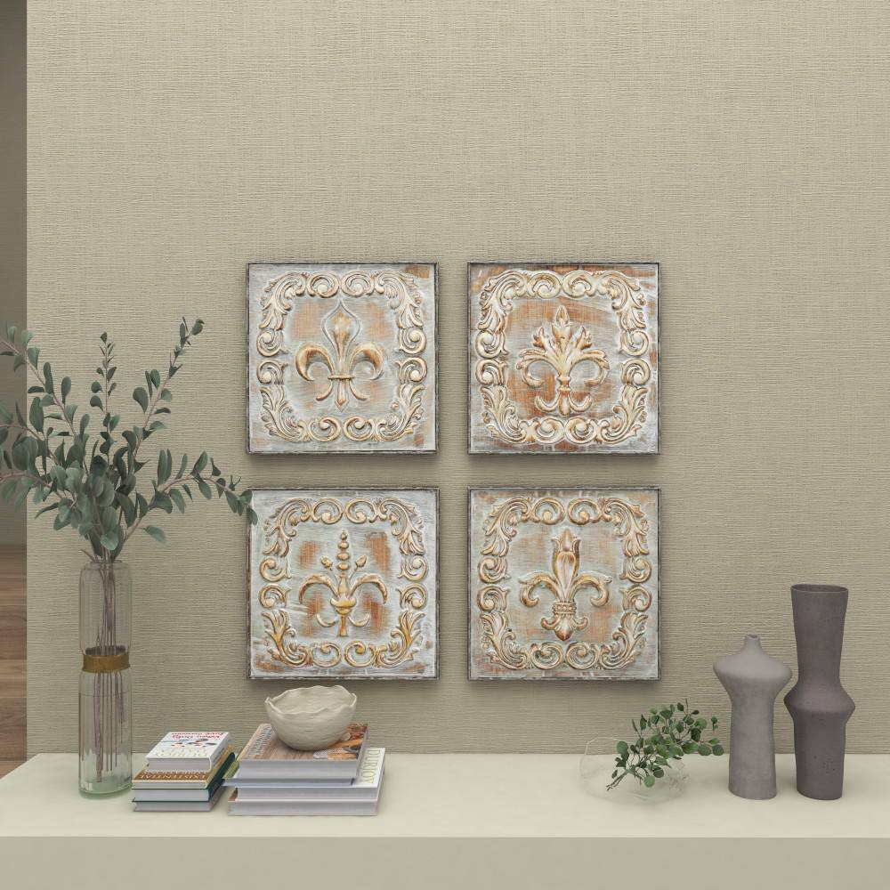 Set of Four Brass Finish Embossed Copper Alloy Wall Sculptures