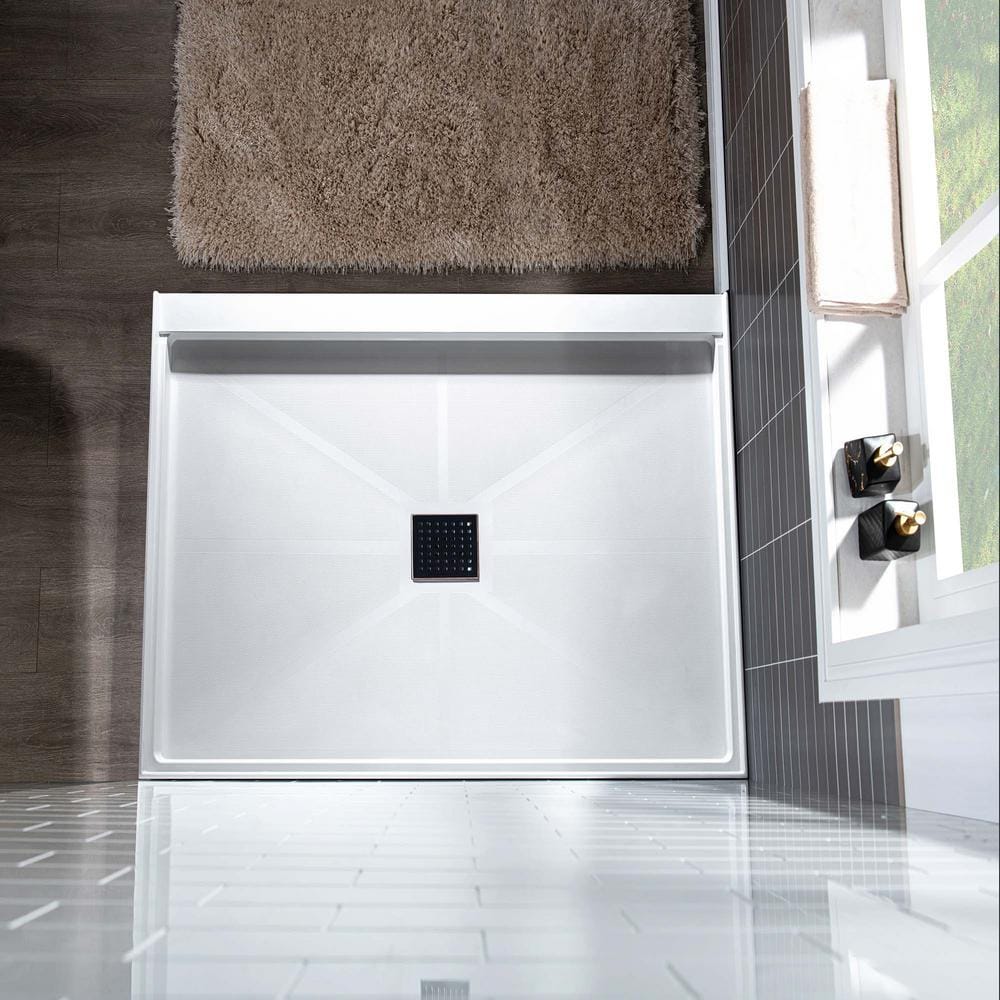 36" White Solid Surface Square Shower Pan Base with Oil-Rubbed Bronze Drain Cover
