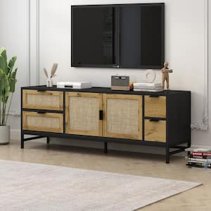59 in. Boho Rattan Wood Media Console Table Black TV Stand Cabinet with Adjustable Shelf, Drawers for TVs up to 65 in.