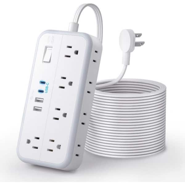 10-Outlet Surge Protector Power Strip with 3 Side, Flat Extension Cord 25 ft. & 4 USB Ports (2 USB C) in White