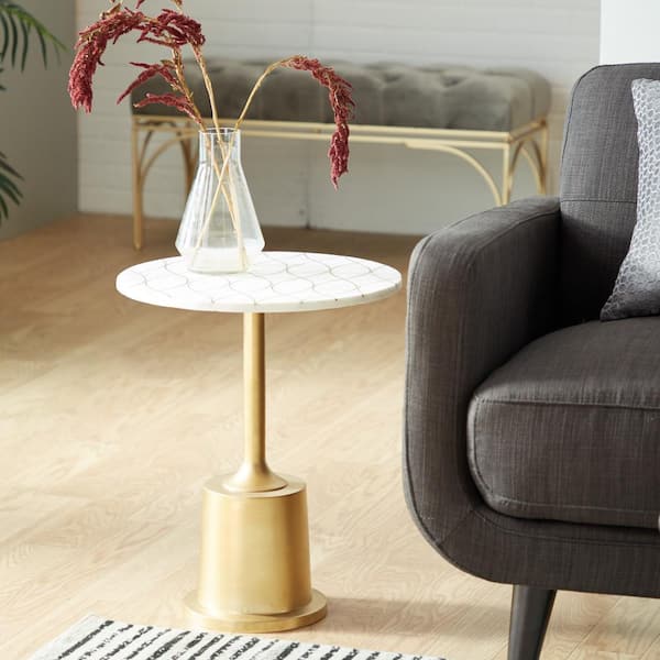 Litton Lane 17 in. Gold Round Marble End Table Gold Inlay