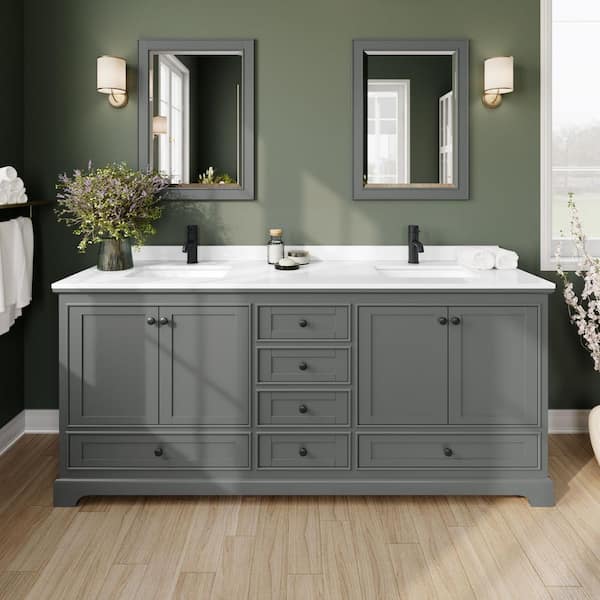 Wyndham Collection Deborah 80 in. W x 22 in. D x 35 in. H Double Bath Vanity in Dark Gray with White Cultured Marble Top and 24 in. Mirrors
