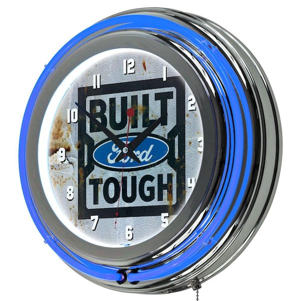 Ford 3 in. x 14 in. Built Tough Chrome Double Rung Neon Wall Clock