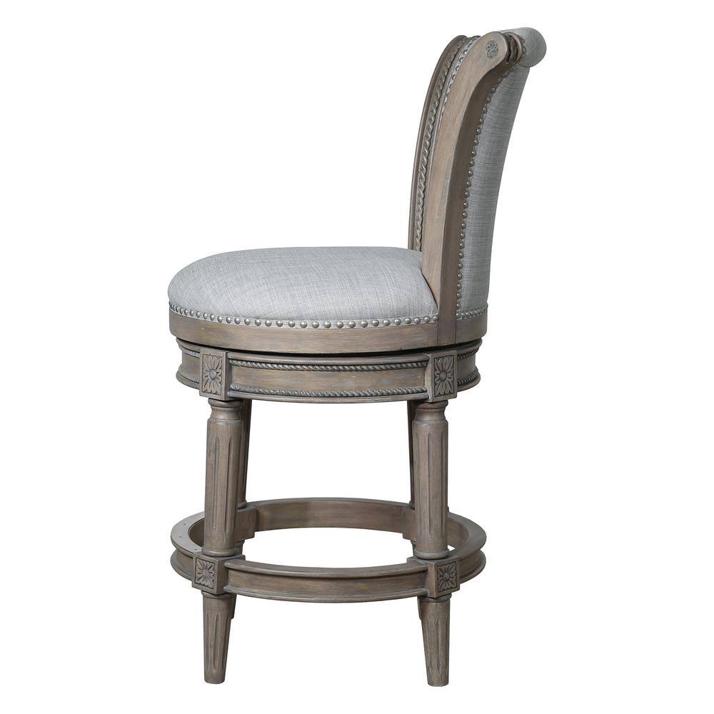 Weathered Gray Wood Swivel Counter-Height Barstool with Linen Upholstery
