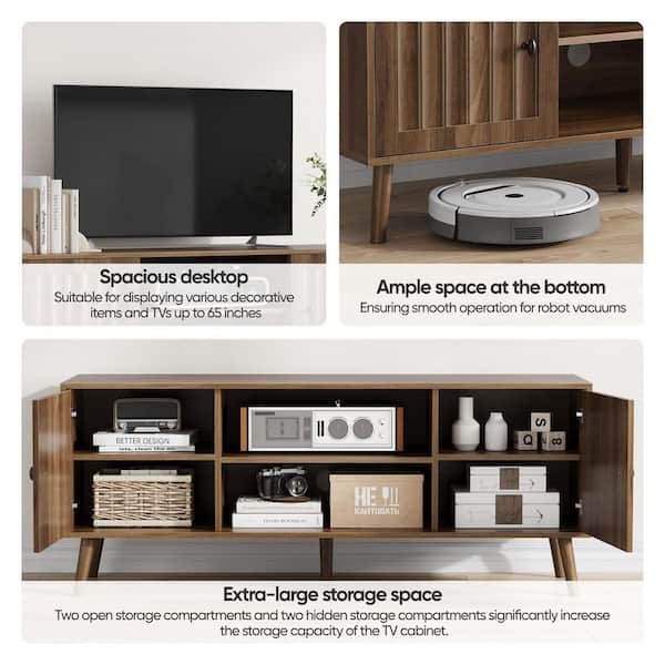 Walnut 55 in.TV Stand Entertainment Center Fits TVs up to 65 in.w/ 2-Vertical Groove Doors and Adjustable Storage Shelve