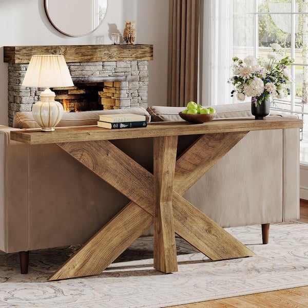 BYBLIGHT 70.9 in. Natural Brown Rectangle MDF Long Console Table with Strong Frame for Entryway Hallway