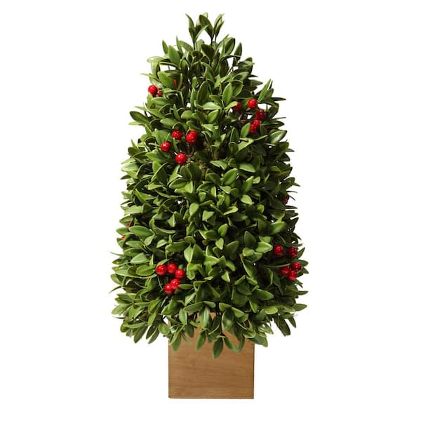 Haute Decor 1.5 ft. Unlit Boxwood Berry Artificial Christmas Tree with Wooden Pot