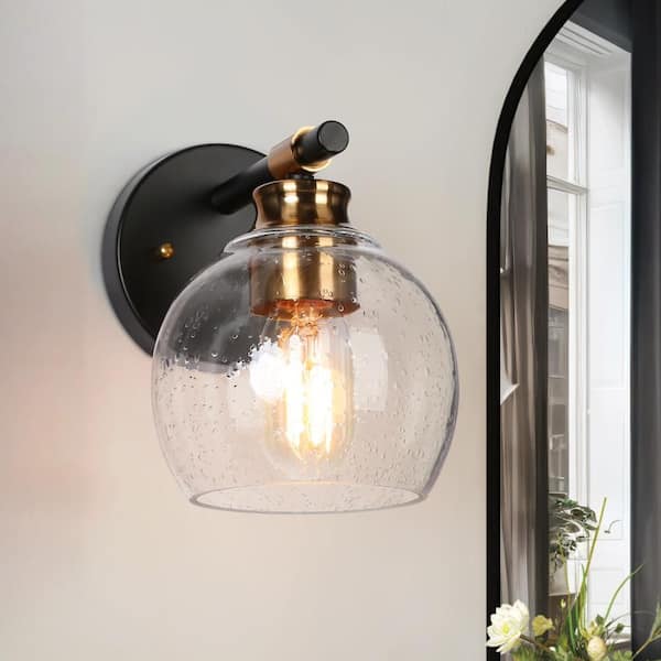 1-Light Indoor Classic Black Wall Sconce, Globe Seeded Glass Modern Bathroom Vanity Light, Farmhouse Brass Bath Lighting