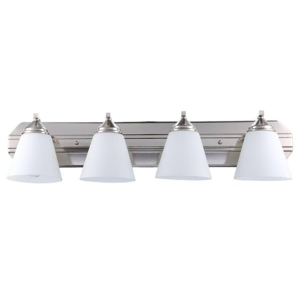 Designers Fountain 30 in. Piazza 4-Light Satin Platinum Modern Bathroom Vanity Light with Frosted White Glass Shades