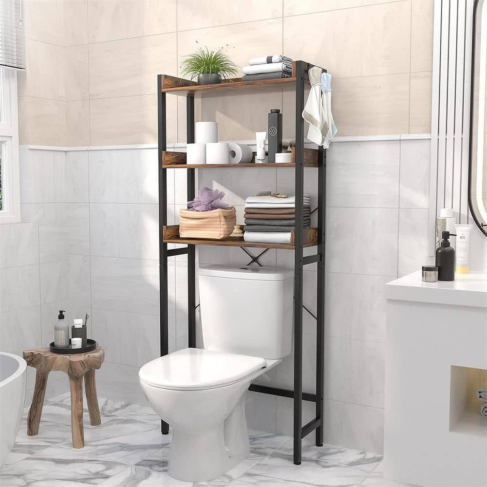 Brown Rustic Wood and Metal Over-the-Toilet Storage Rack