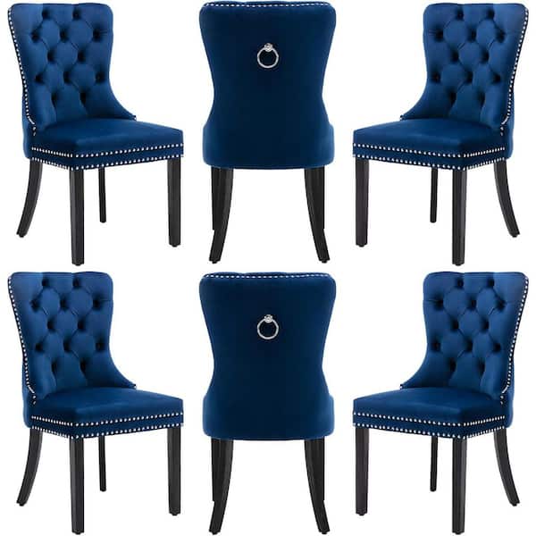 Blue Velvet Upholstered Dining Chair (Set of 6) Wing Back Parsons Chair with Nailhead Trim Soild Wood Legs