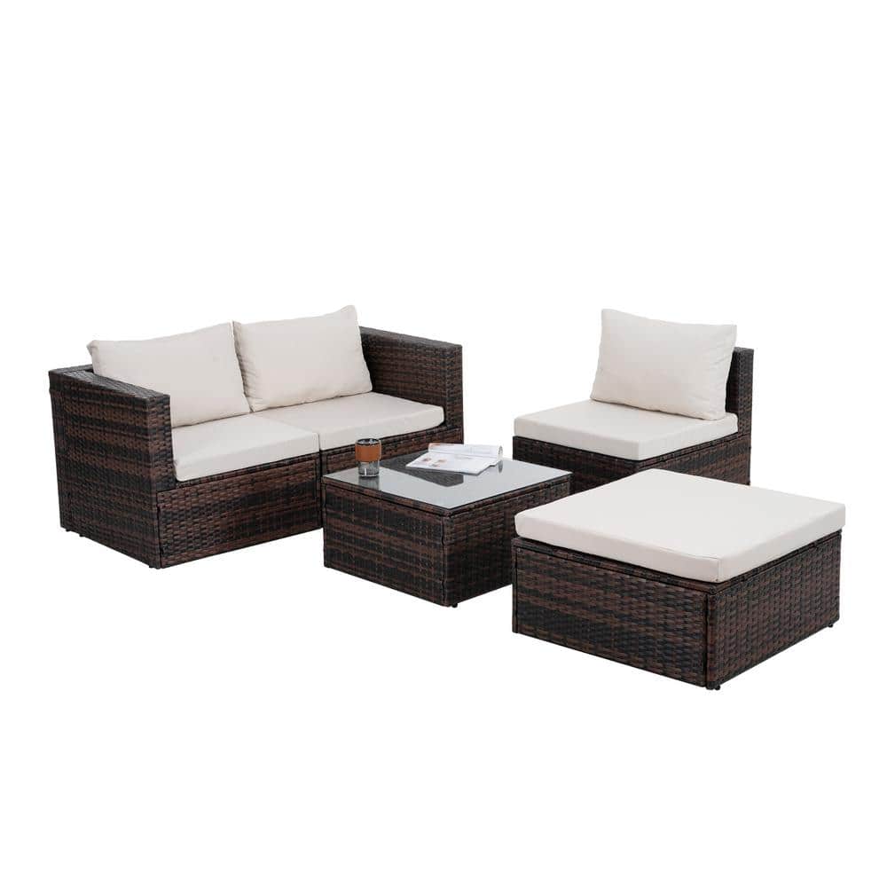 4-Piece Wicker Furniture with Tempered Glass Coffee Table Dark Gray Cushion