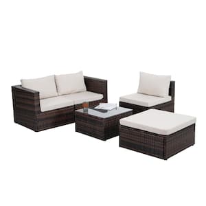 4-Piece Wicker Furniture with Tempered Glass Coffee Table Dark Gray Cushions