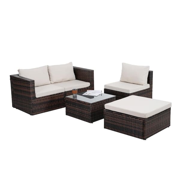 Unbranded 4-Piece Wicker Furniture with Tempered Glass Coffee Table Dark Gray Cushions