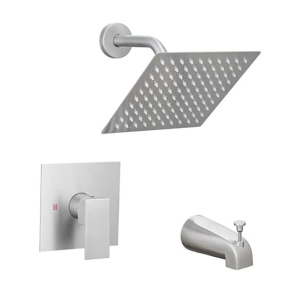 Single Handle 1-Spray Tub and Shower Faucet Kit 1.8 GPM Wall Mount Shower System with Ceramic Disc Valve Brushed Nickel