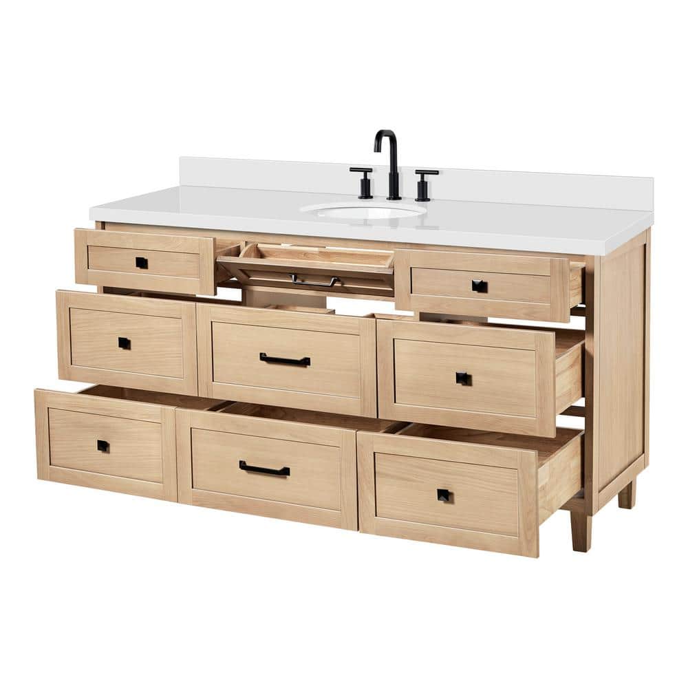 Monroe 67" Light Oak Single Vanity with White Quartz Top