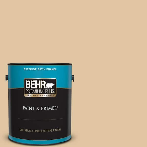 BEHR PREMIUM PLUS 1 gal. #320E-3 Riviera Sand Satin Enamel Exterior Paint & Primer