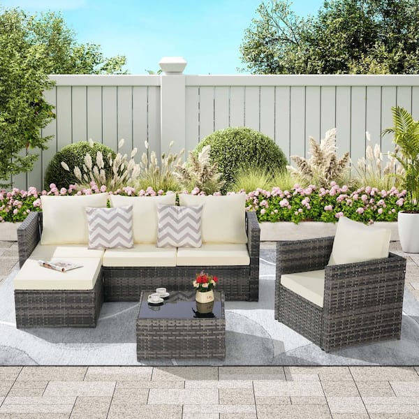 Zeus & Ruta 3-Piece Patio Wicker Conversation Set with Single Sofa Beige Cushions and Coffee Table for Backyard