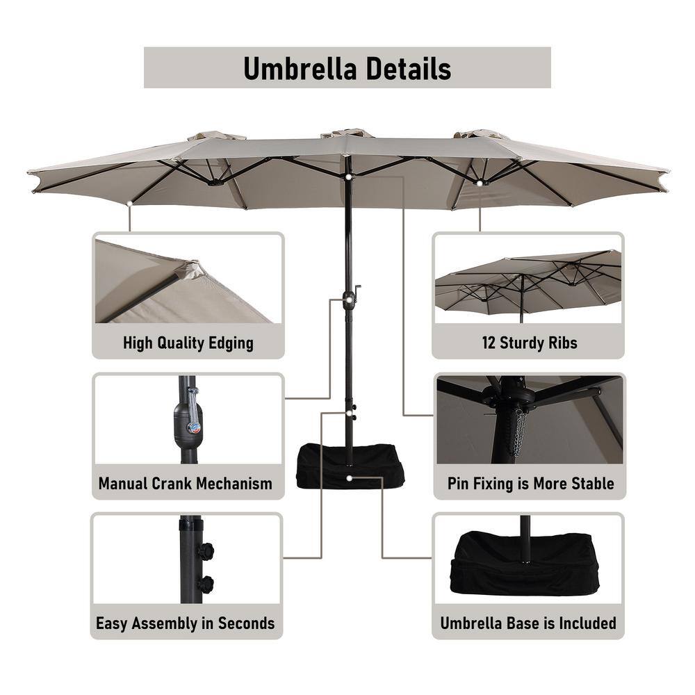 Beige 15-ft Steel Double-Sided Patio Umbrella with Base