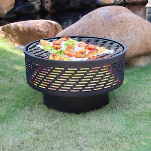 Outdoor Firepit 26 in. Built-In Wood Burning Grill in Steel With Faux Wood Lid