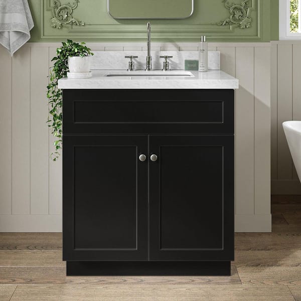 Hamlet 30 in. Single Sink Freestanding Bathroom Vanity in Black with Carrara White Marble Top
