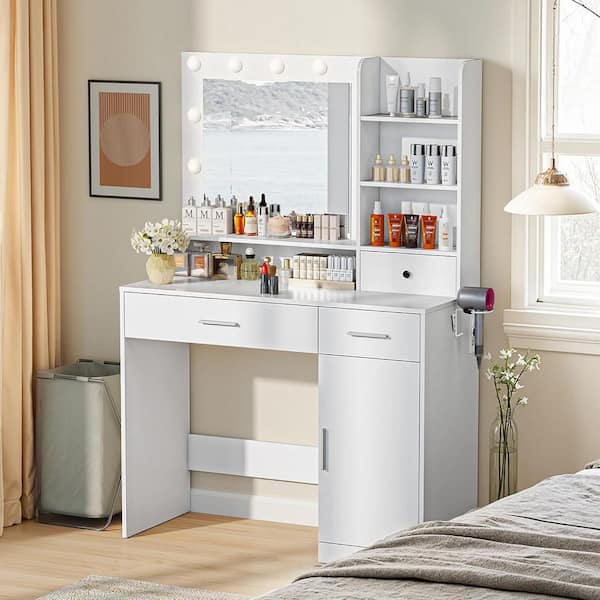 WONDER COMFORT 1-Piece White Makeup Vanity Desk with Lighted Mirror, 3-Drawers, Adjustable Shelves, Power Outlet and Cabinet