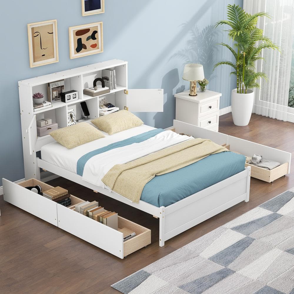 Harper & Bright Designs White Wood Frame Full Size Platform Bed with 4 ...