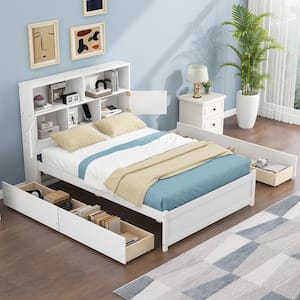 White Wood Frame Full Size Platform Bed with 4-Drawer, Storage Headboard including Shelves, USB Charging, Compartments