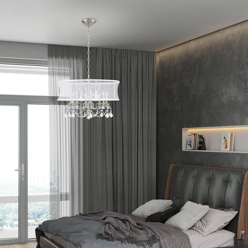 Brushed Nickel and Crystal 8-Light Chandelier with Silk Shade