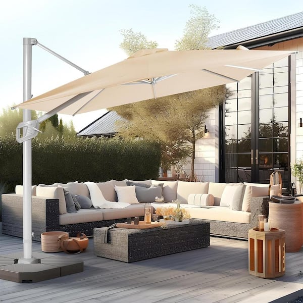 PASAMIC 10 ft. x 13 ft. Aluminum Square Outdoor Cantilever Umbrella Patio Offset Umbrella 360 Rotation And Pole Cross Base Beige