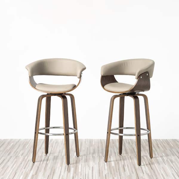 40.5 in. H Mid-Century Modern Gray PU Leather/Oak Bentwood Swivel Chair Low Back Bar Stool (Set of 4)