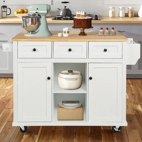 Zeus & Ruta White Wood 53.1 in. Kitchen Island with 3 Drawers and Drop ...