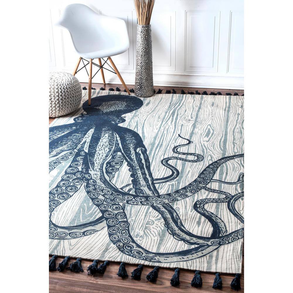 Ivory Cotton Flat-Woven Octopus Tassel Area Rug, 5' x 8'