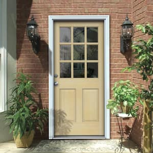 30 in. x 80 in. 9 Lite Unfinished Wood Prehung Right-Hand Inswing Back Door with Primed AuraLast Jamb and Brickmold