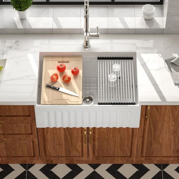 30 in. x 20 in. Fireclay White Farmhouse Single Bowl Reversible Apron Front Workstation Kitchen Sink with Accessories