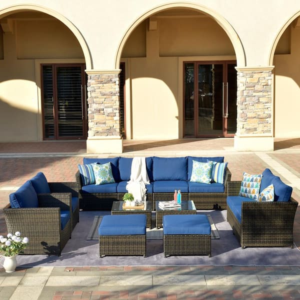 OVIOS Rimaru 12-Piece Wicker Outdoor Patio Conversation Seating Set with Navy Blue Cushions