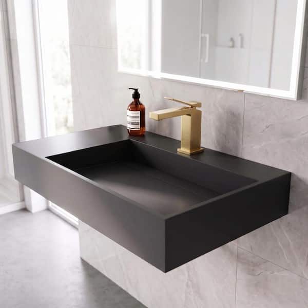 Juniper 30 in. Wall Mounted Solid Surface Right Side Basin Rectangle Non Vessel Bathroom Sink in Matte Black