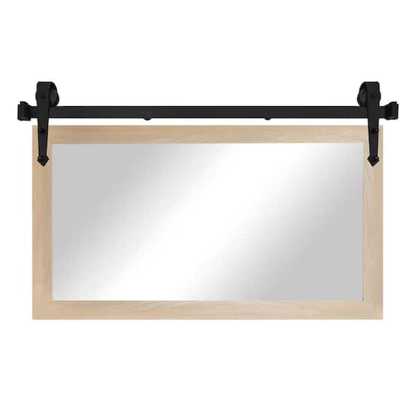 (54 in. W x 33 in. H) Blonde Maple Modern Rustic Mirror with Steel Barn Door Rail