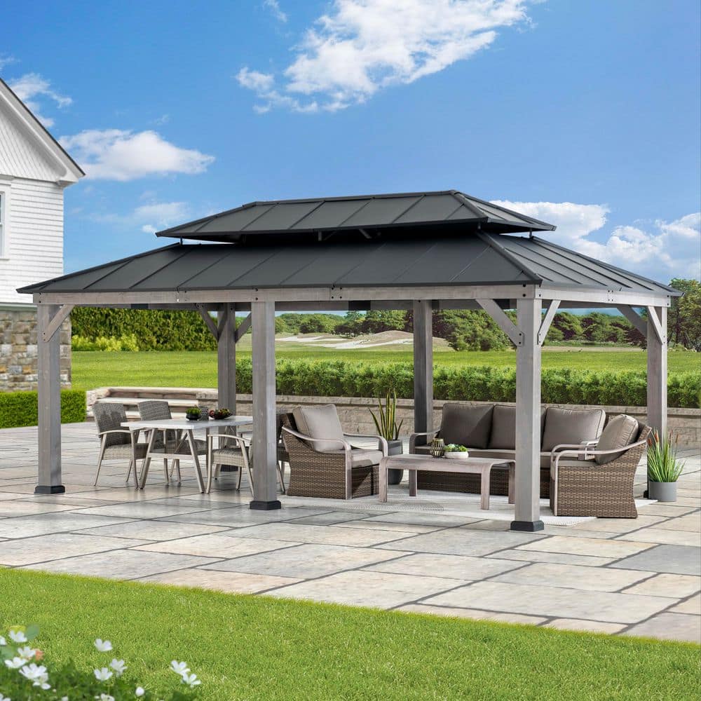 Sunjoy 12 ft. x 20 ft. Matte Black Cedar Framed Gazebo with Steel