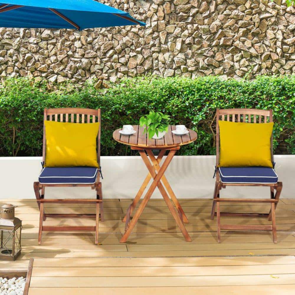 3-Piece Folding Acacia Wood Patio Bistro Set with Navy Cushions