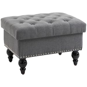 Grey Storage Ottoman Removable Lid Button-Tufted Fabric Bench Seat with Wood Legs 17 in. H x 25 in. W x 17.75 in. D